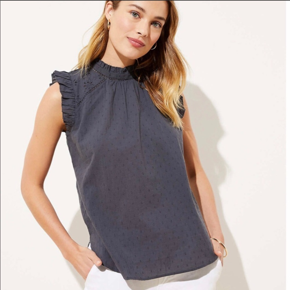 NWT! LOFT Coastal Gray Eyelet Ruffle Top